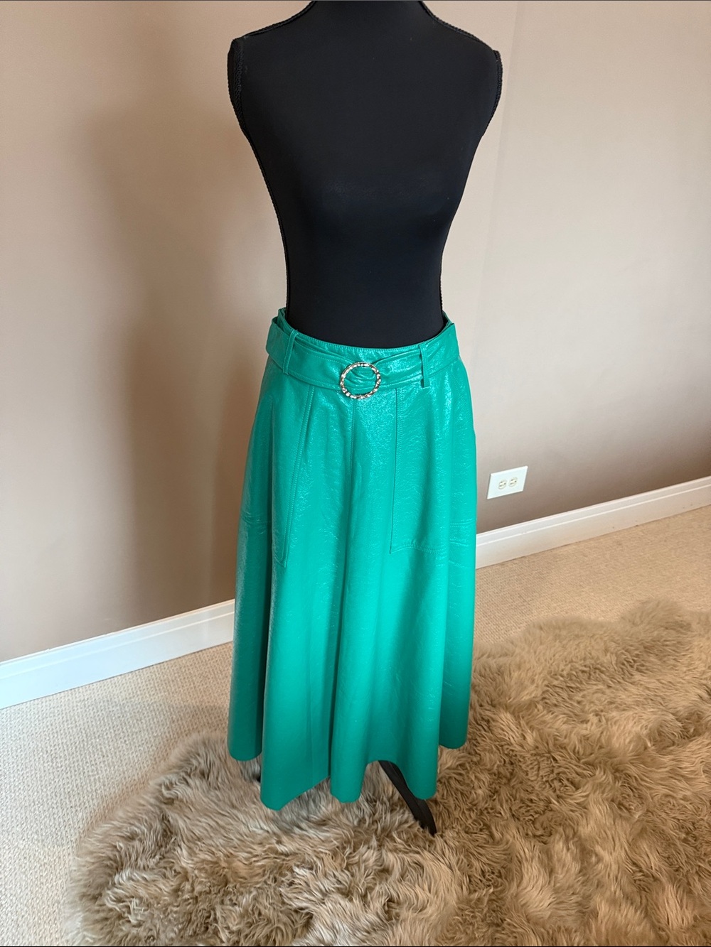 Topshop Teal A-Line Midi Skirt with Round Buckle